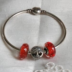 Women's Authentic Pandora Heart Bangle Bracelet with 925 Pandora Beads & Charm